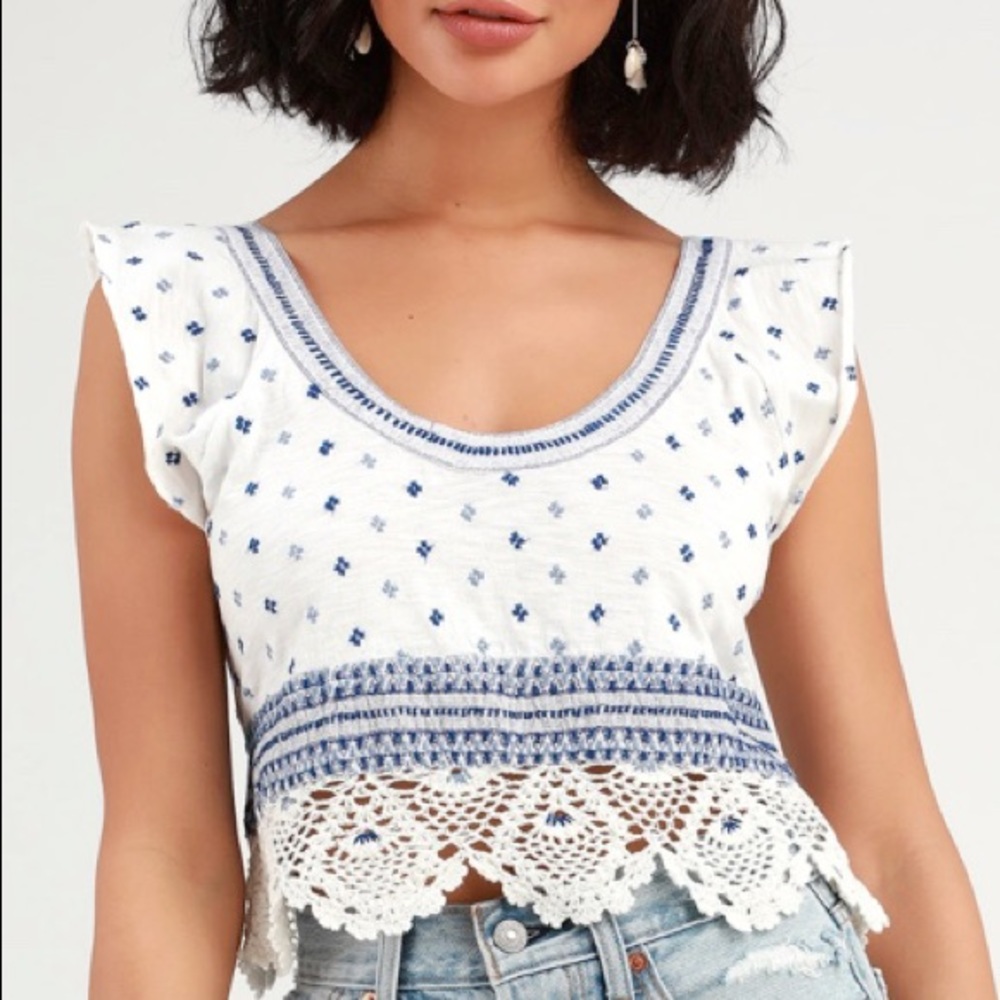 Santorini White and Blue Embroidered Crop Top